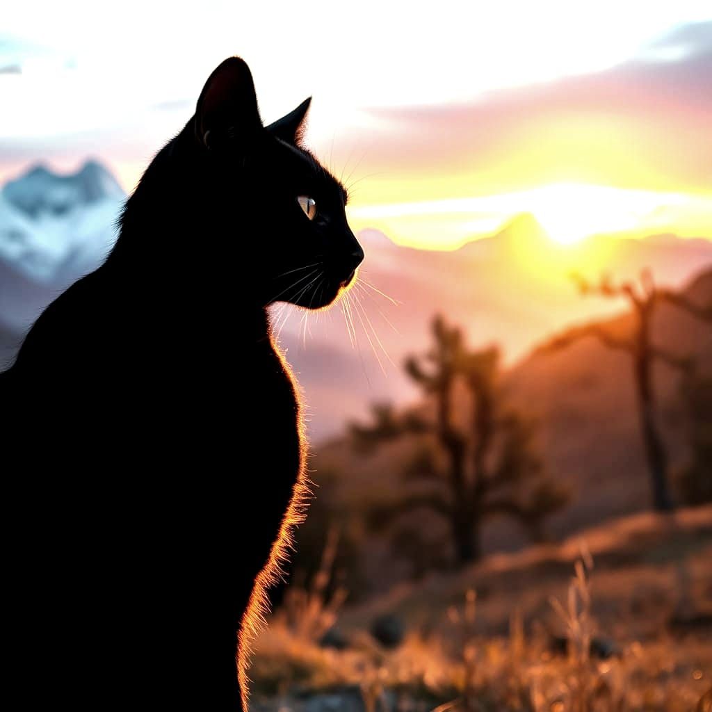 Cat Silhouette in Serene Mountain Sunset Landscape