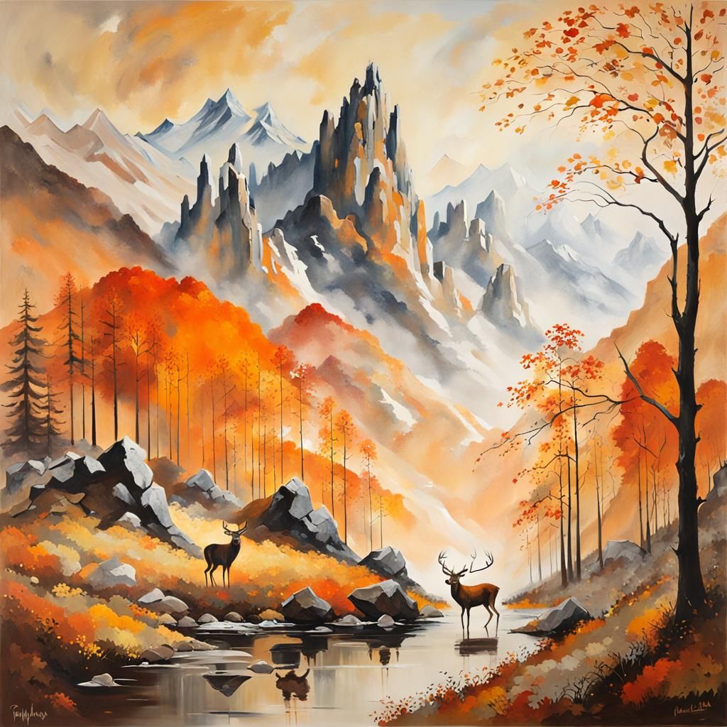 Autumn Mountainscape Painting with Deer and Occult Elements