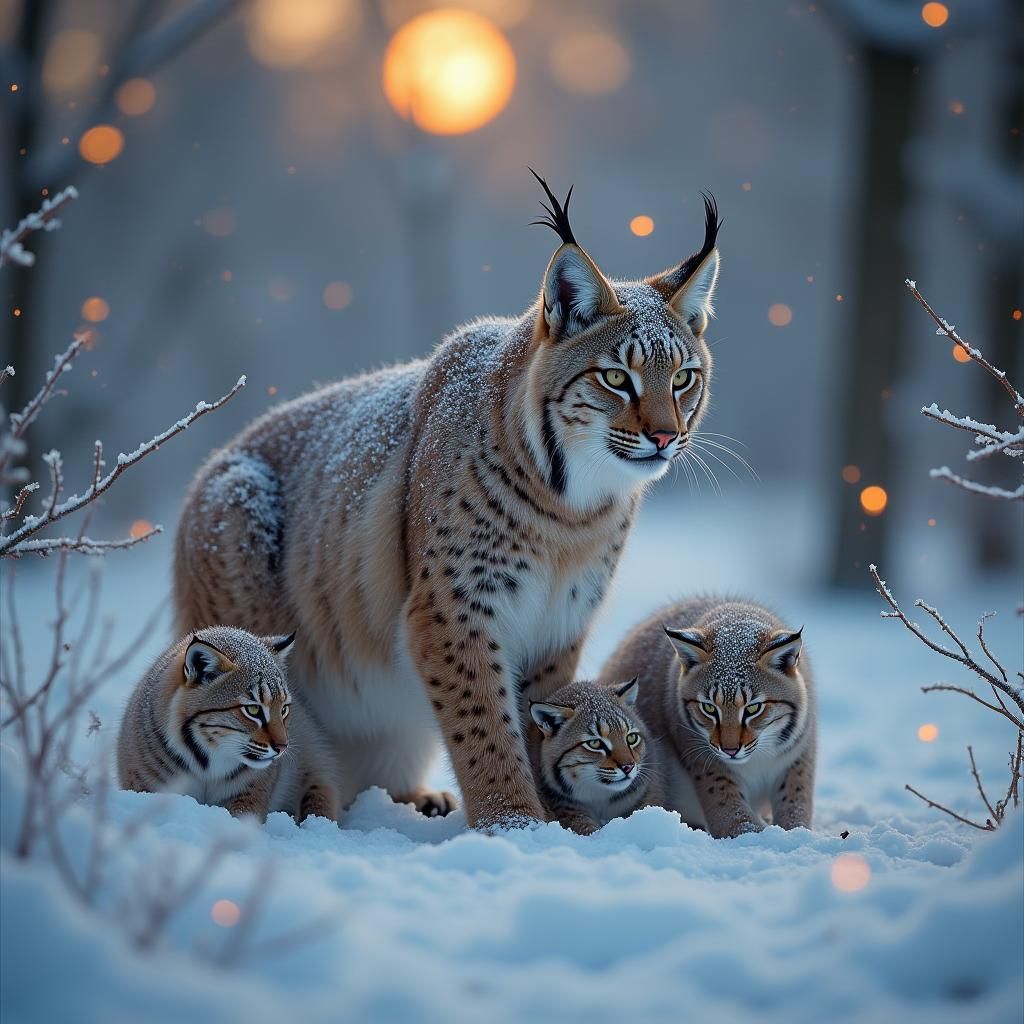 Majestic Iberian Lynx with Cubs in Snowy Moonlight