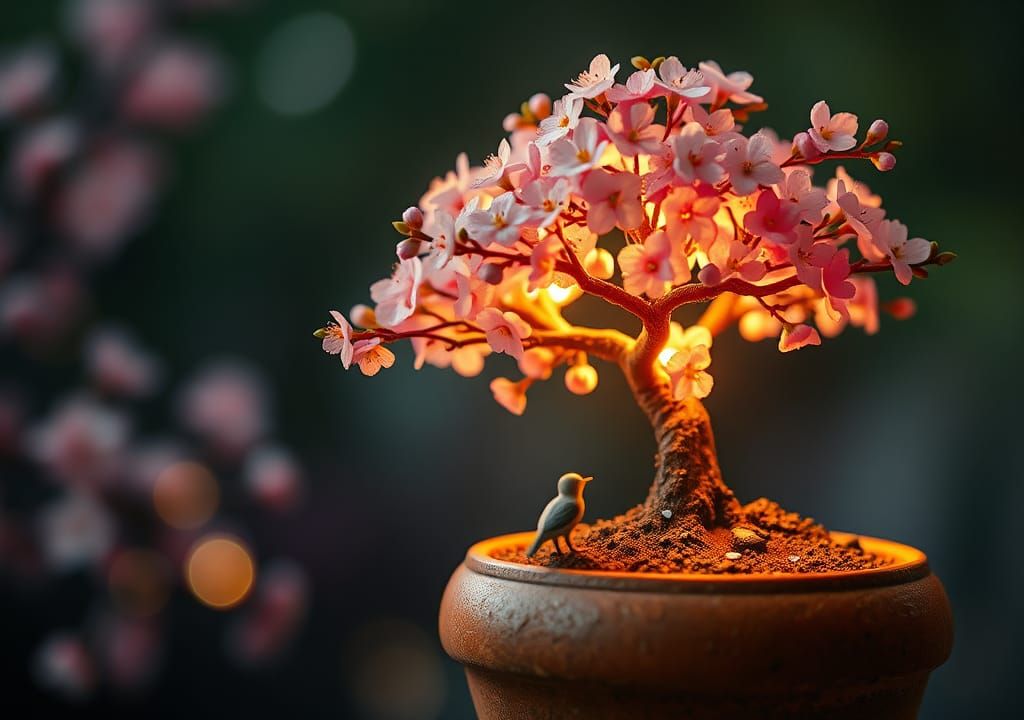 Miniature Cosmic Sakura Tree with Tiny Reader