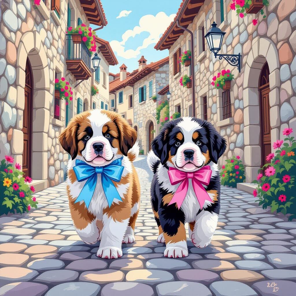 Adorable St Bernard Puppies with Blue and Pink Ribbons