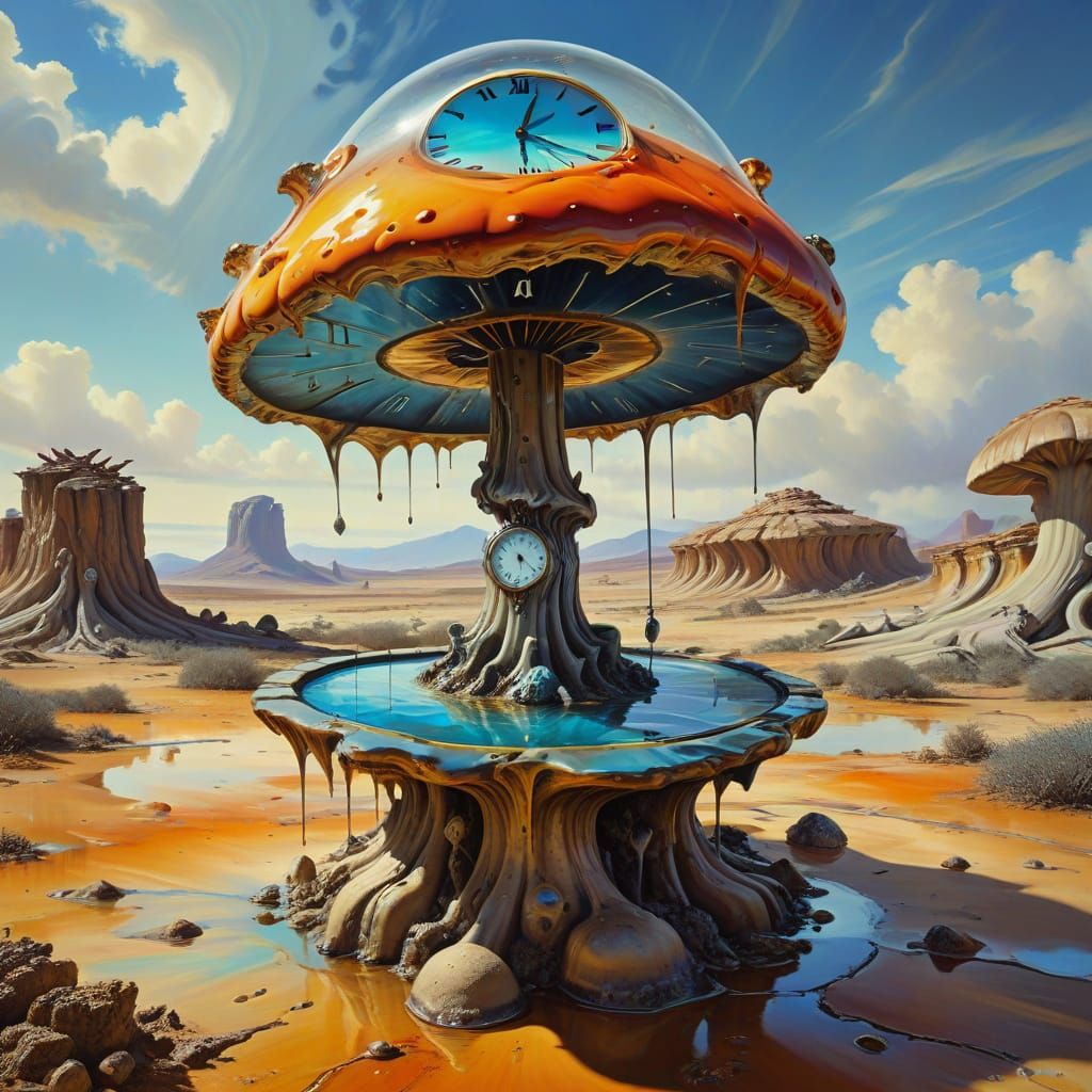 Surreal Melting Clock on Crystalline Mushroom