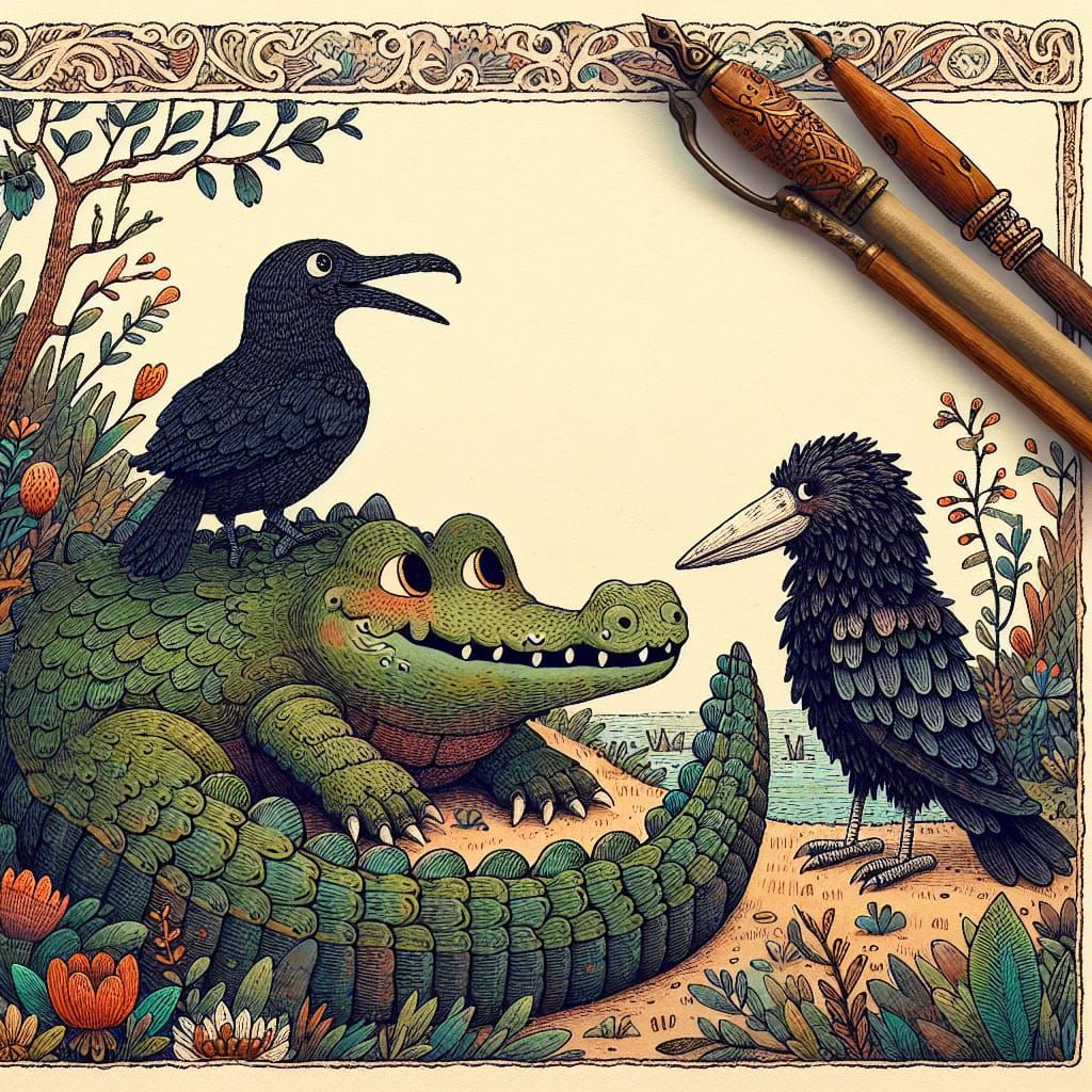 Friendly Crocodile and Raven Chat: Storybook Illustration