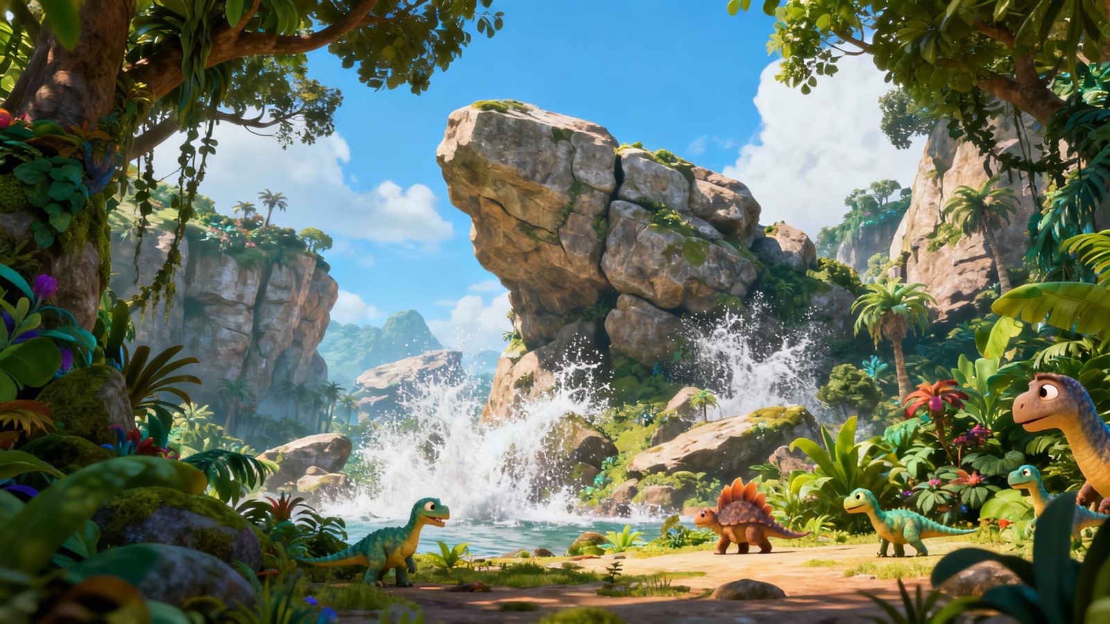 Stone Age Jungle With Small Dinosaurs Pixar Style