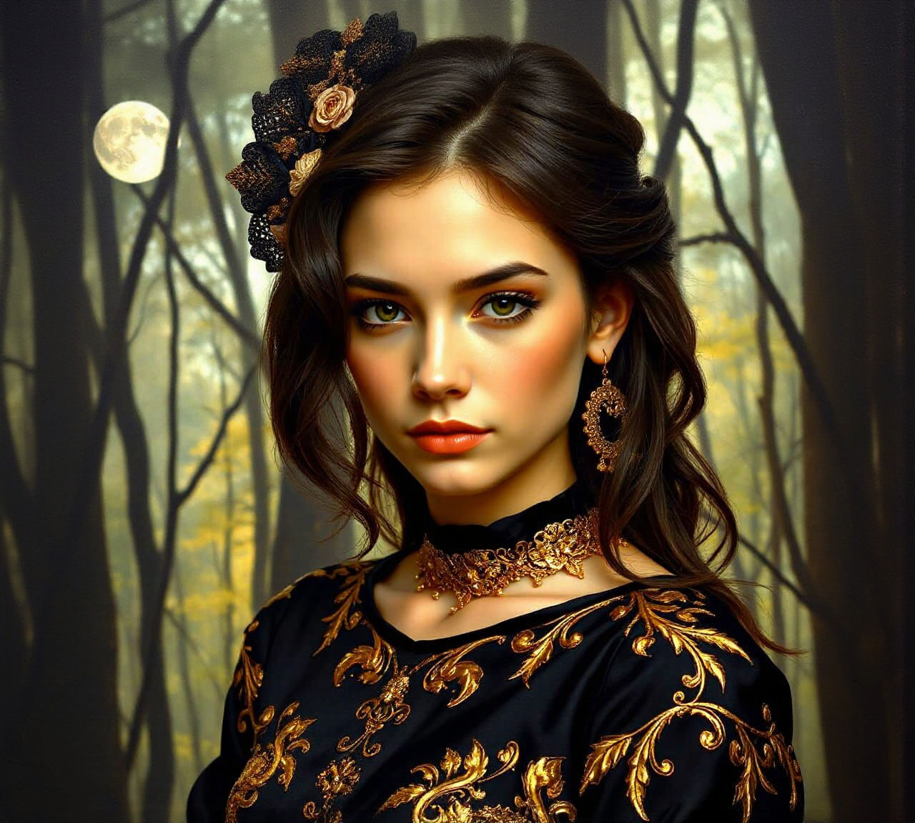 Beautiful Brunette in Moonlit Forest as Impasto Painting