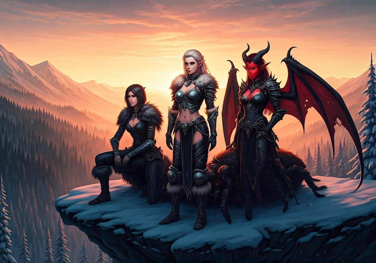 Fantasy Warrior Trio Poses on Cliff's Edge Amidst Snowy Fore...