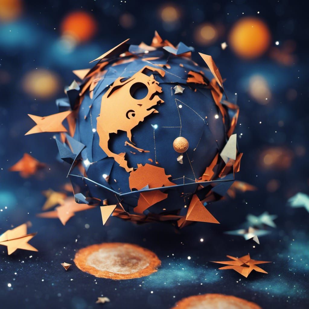 Steampunk Origami Planet in Deep Blue Space
