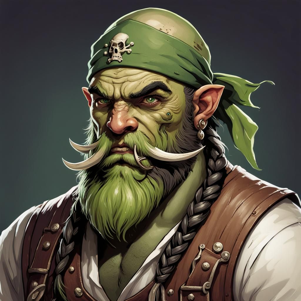 Half-Orc Pirate Captain Portrait in Dungeons and Dragons Sty...