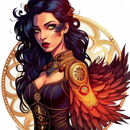 Steampunk Raven Princess with Golden Outlines