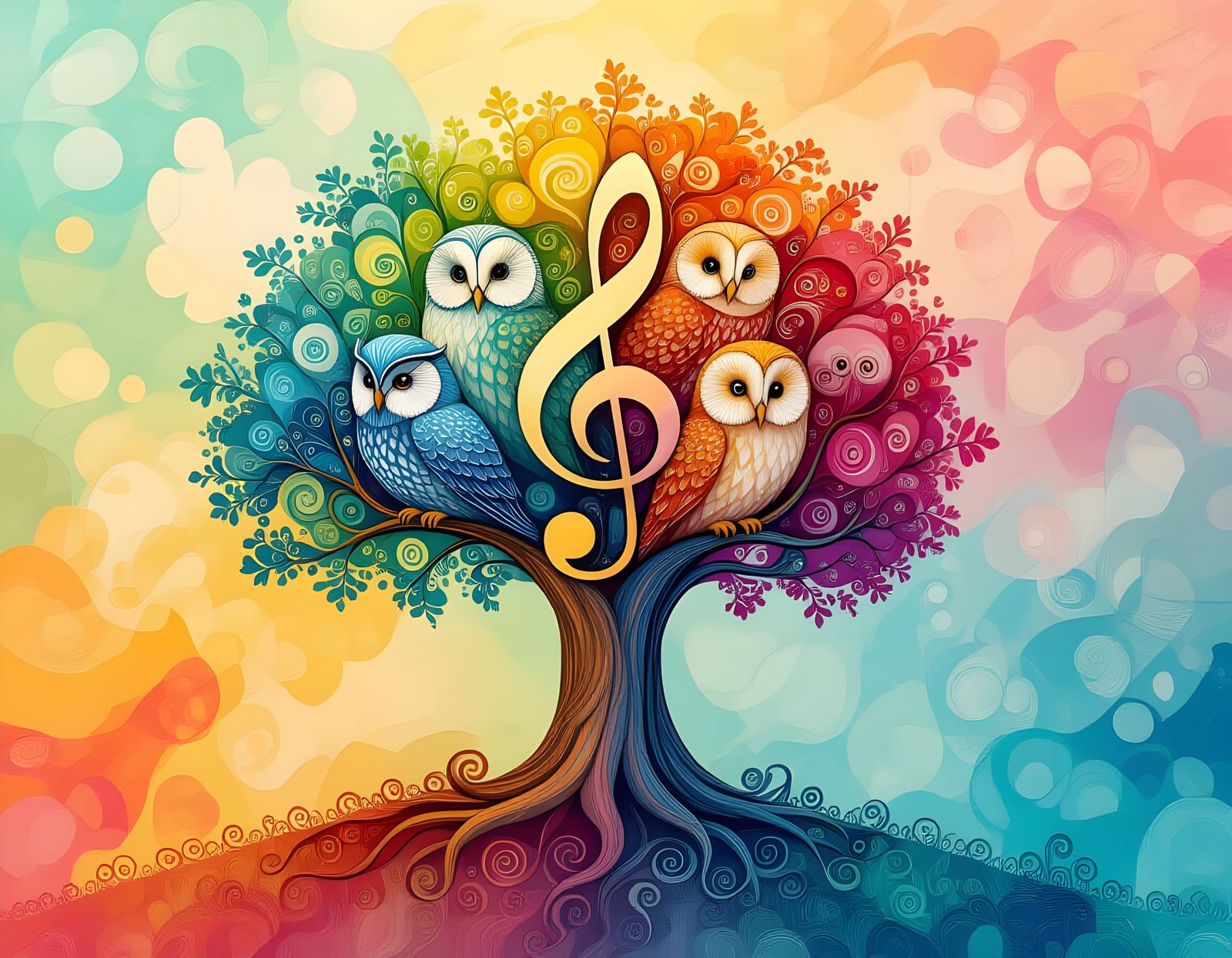 Surreal Tree of Music Notation with Owls and Fractals