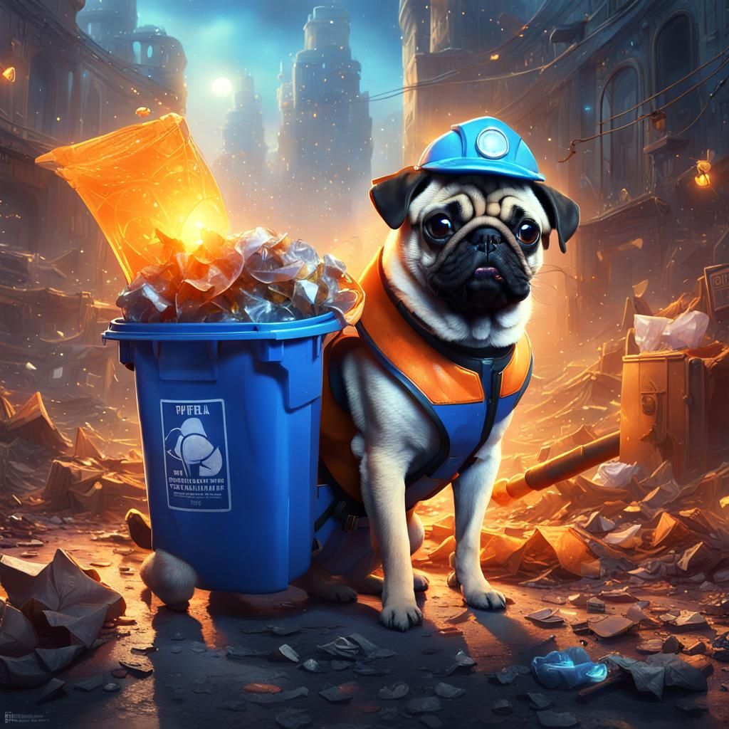 Pug in Sanitation Uniform Collects Glowing Trash in Ruined C...