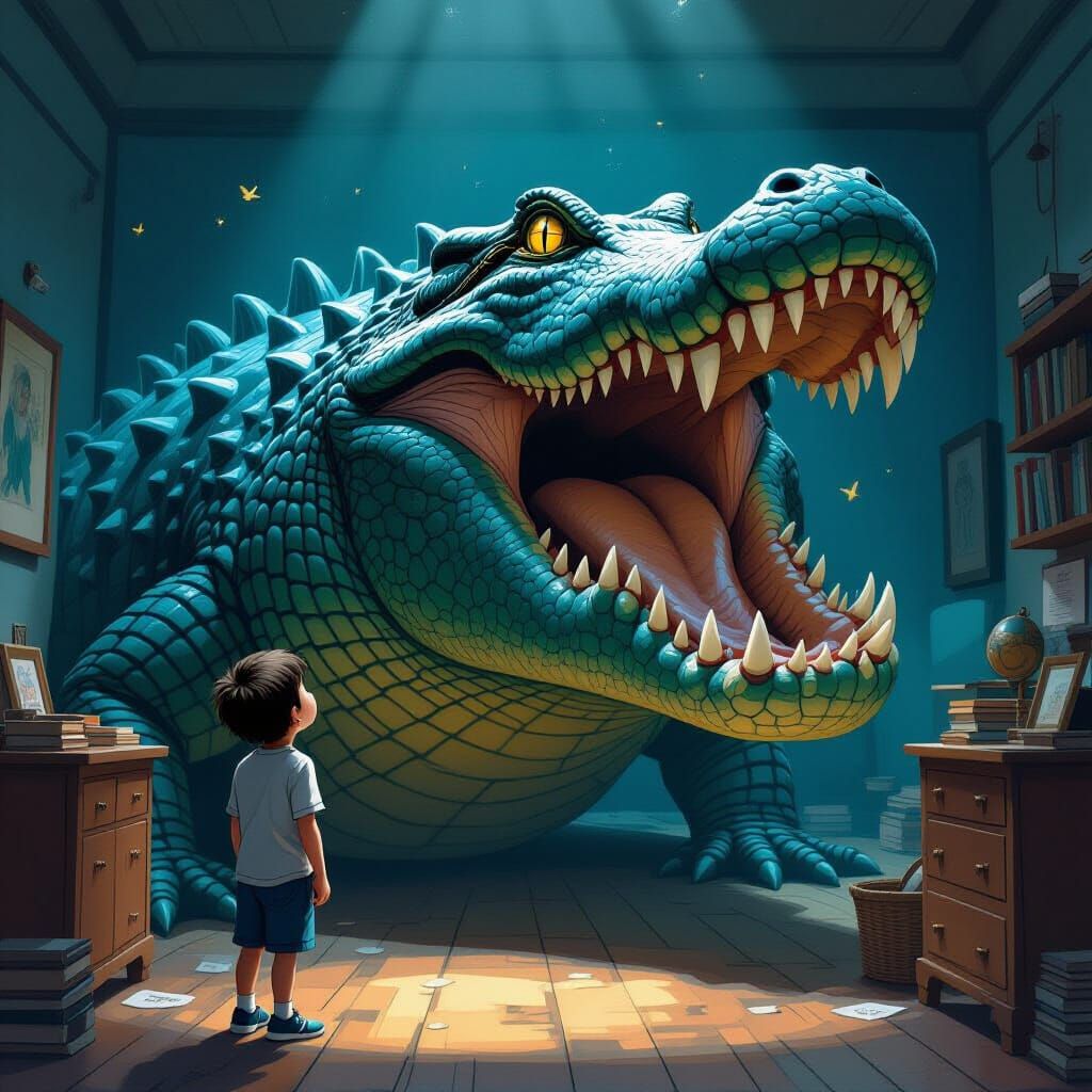 Boy Stares in Awe at Alligator Illustration
