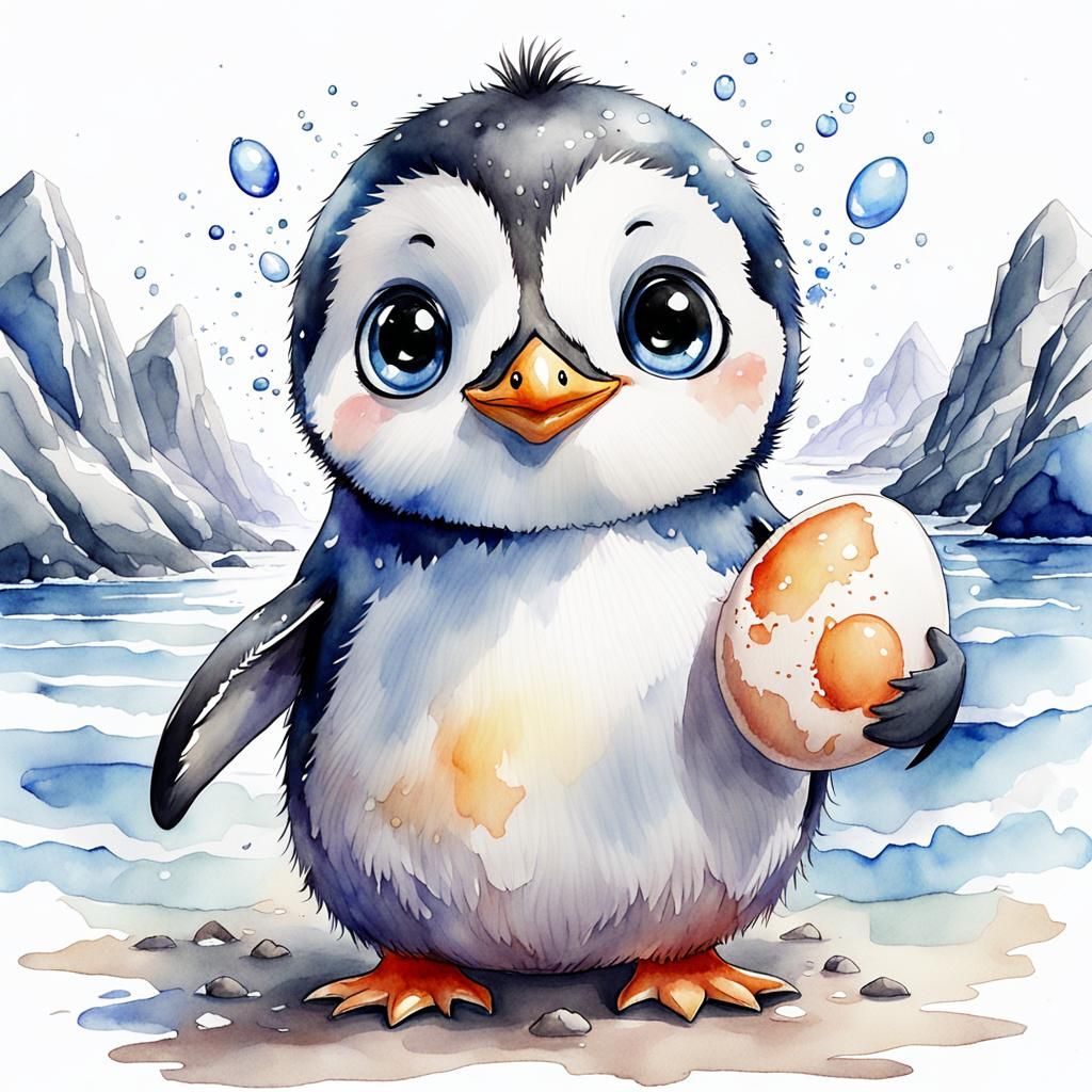 Cute Chibi Penguin Hatching: Watercolor Anime Art