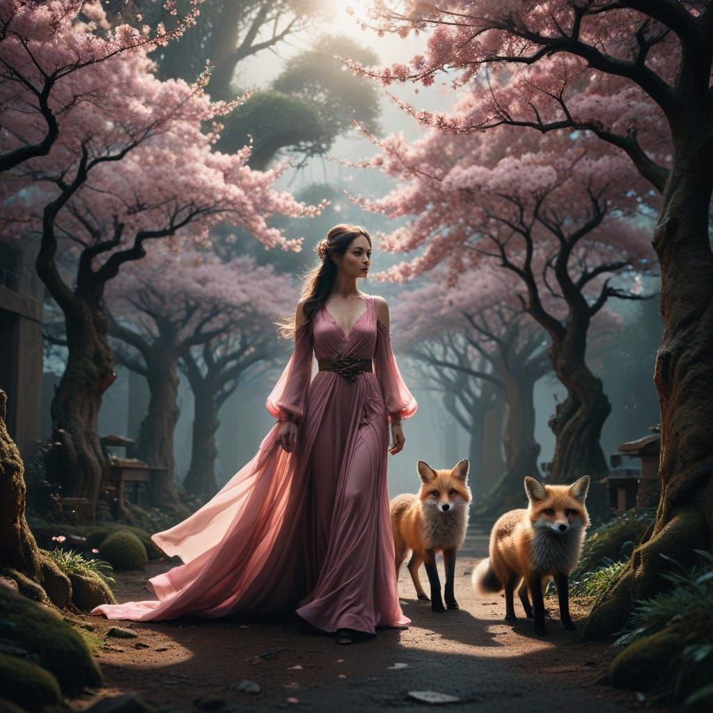 Goddess and Fox Cub in Sakura Garden
