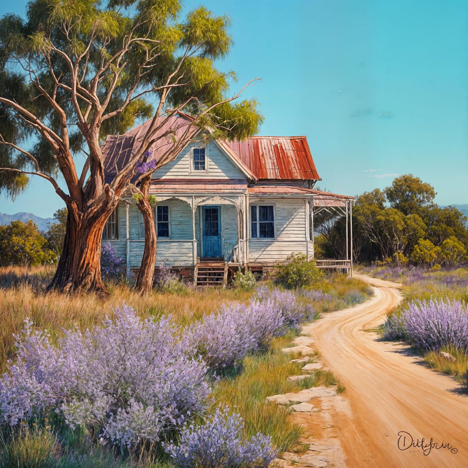 Outback House with Jacaranda, Oil Painting Style
