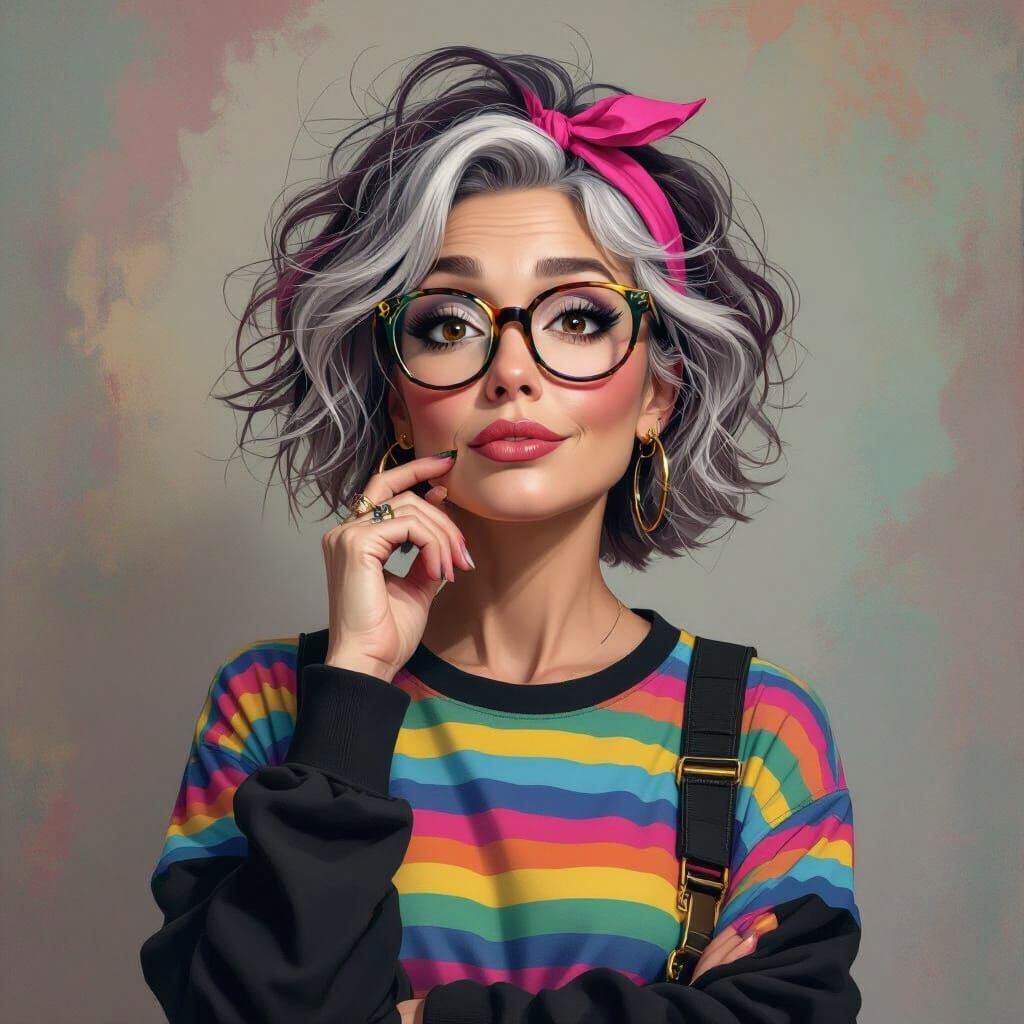 Humorous Woman with Rainbow Shirt, Avant-Garde Airbrush Styl...