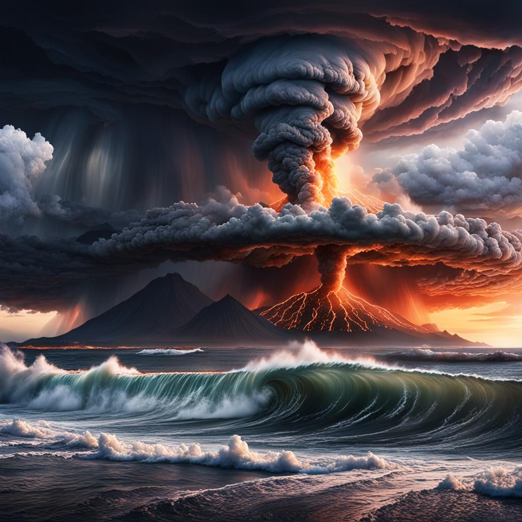 Epic Illustration of Natural Disasters at Sunset