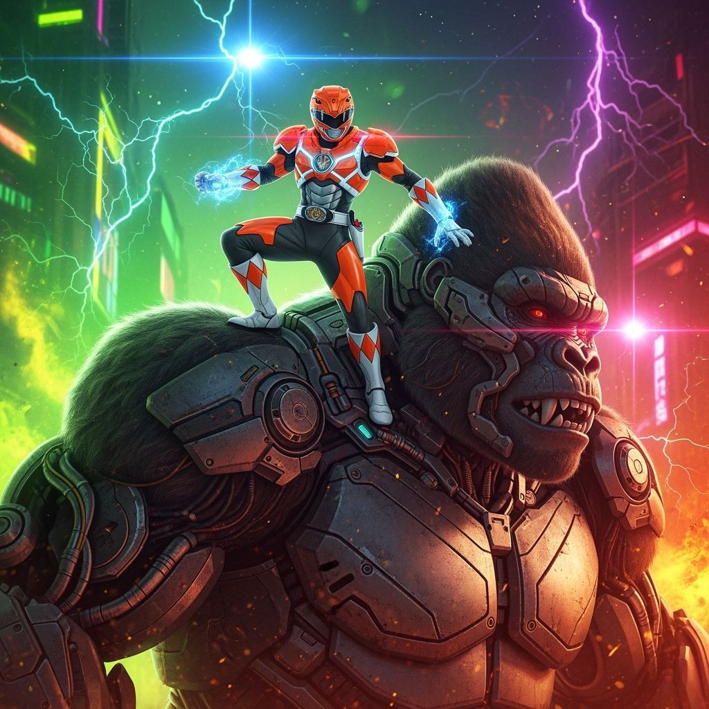 Orange Power Ranger on Cyberpunk Mech-Gorilla