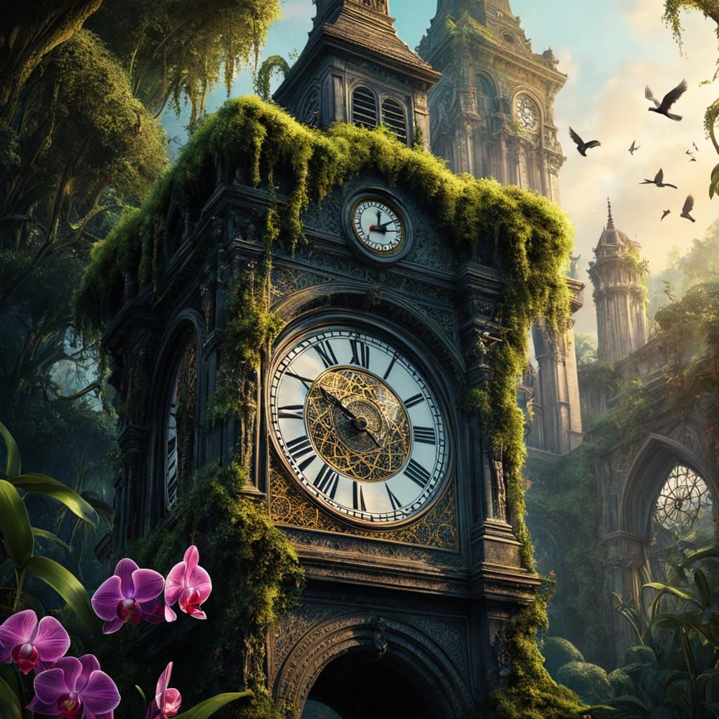 Gothic Clock Tower in Jungle, Detailed Matte Painting