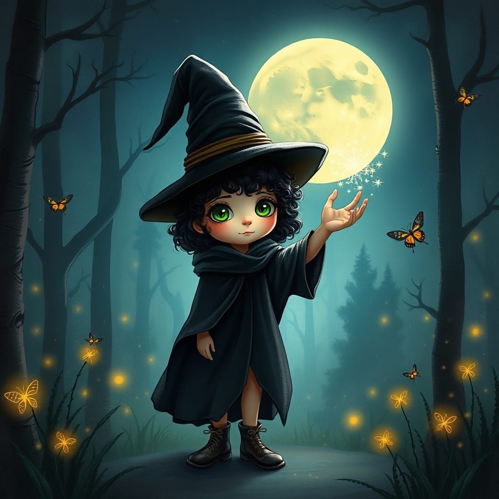 Little Witch Casts Enchanted Spell Under Full Moon