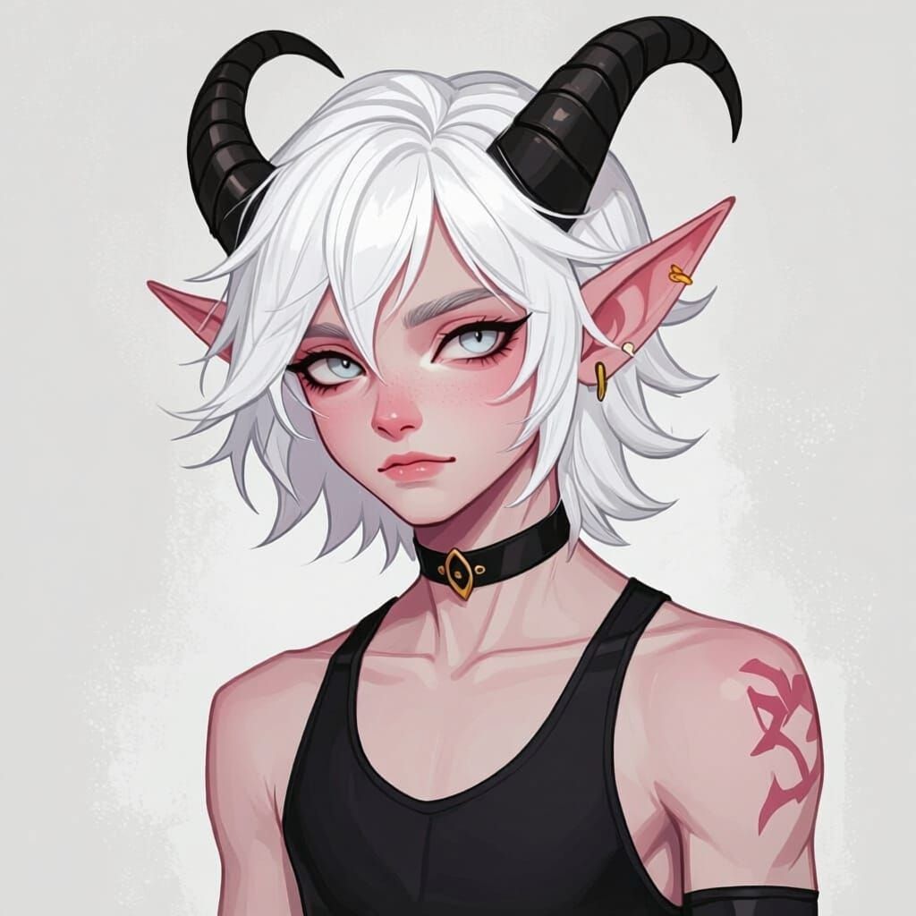 Tiefling Boy with White Wolf Cut Hair and Pink Skin