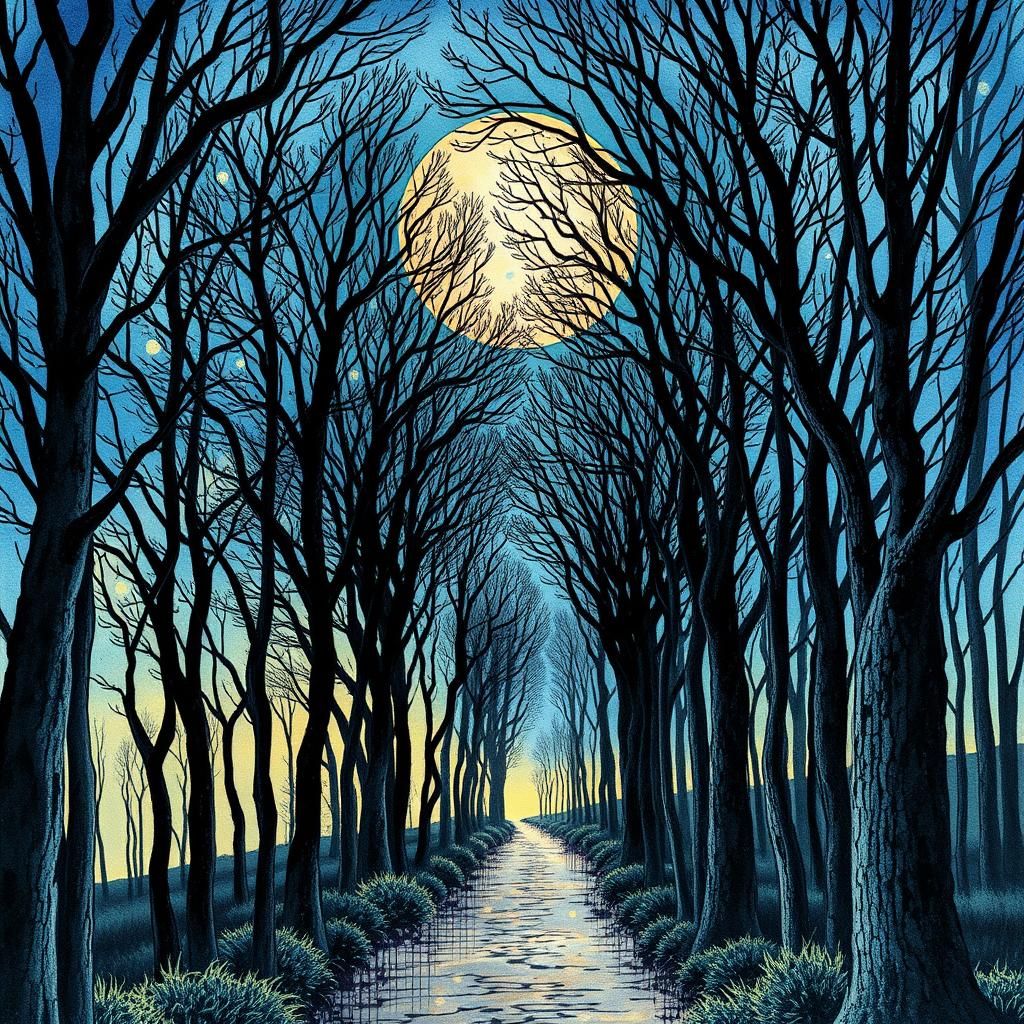 Moonlit Forest Pathway in Rich Blues and Yellows