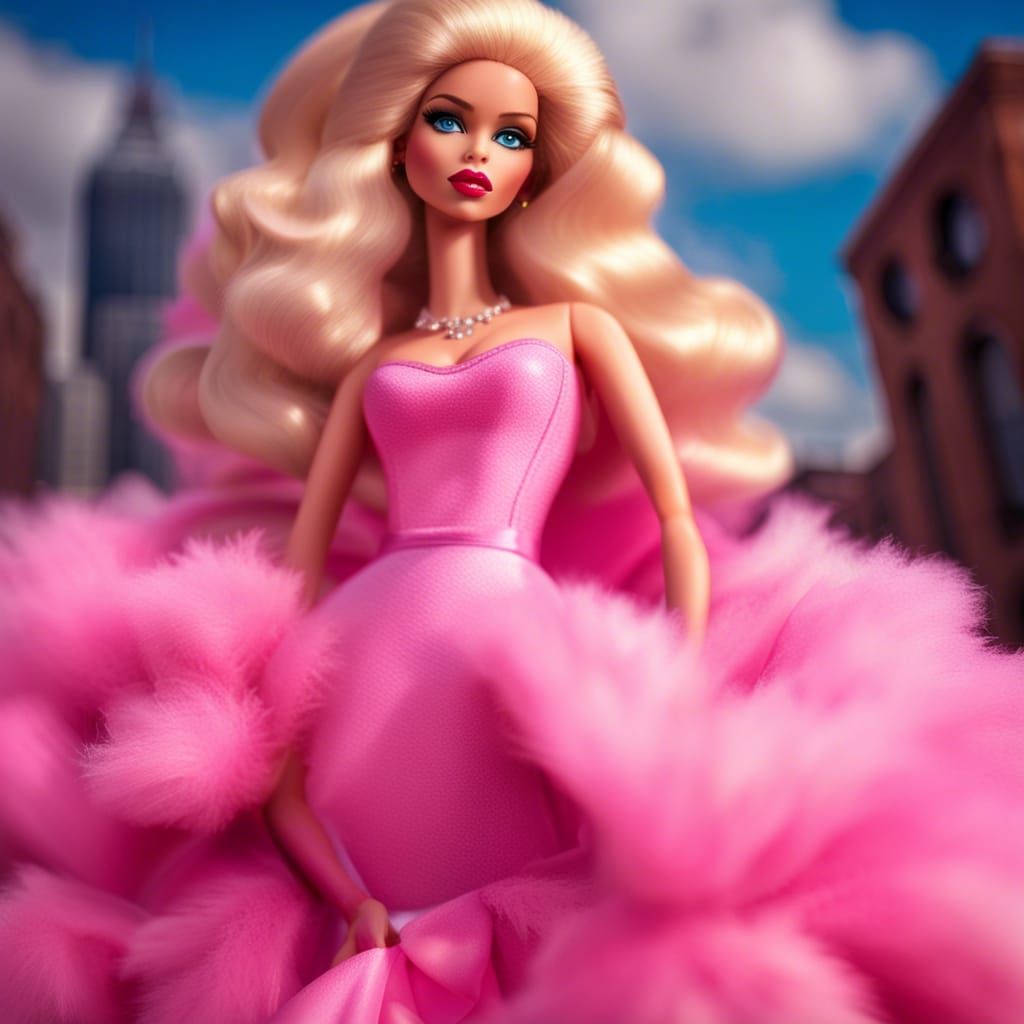 Hyperrealistic Giant Barbie Girl in Pink Dress