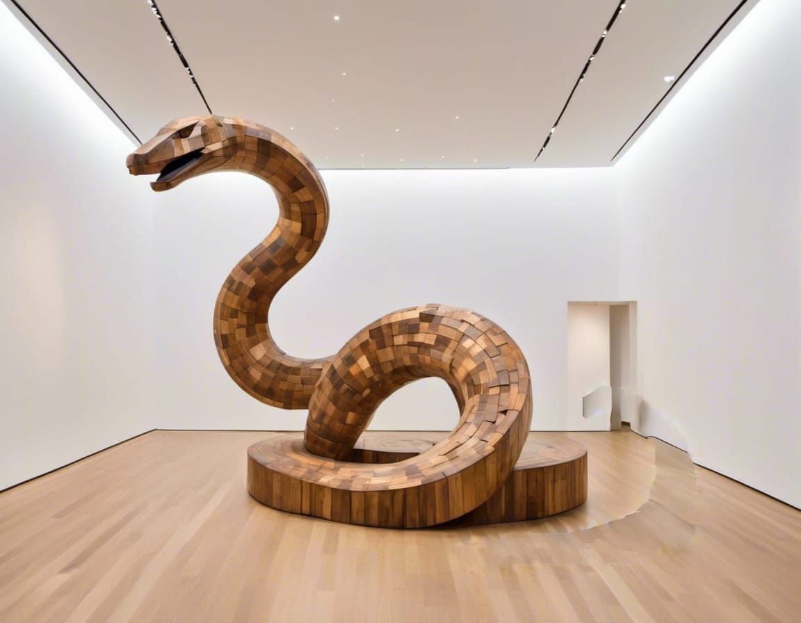 Abstract Wooden Cat-Snake Sculpture