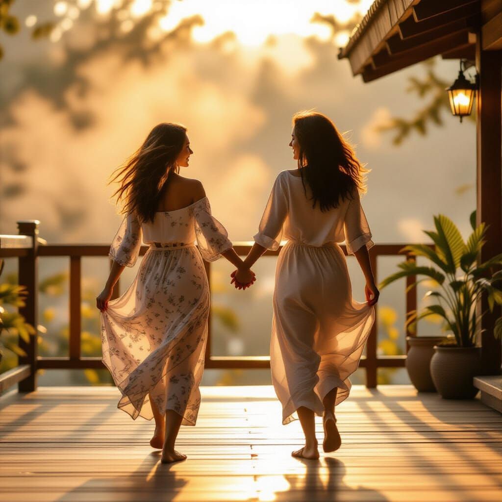 Friends Dancing in Sunlight and Mist