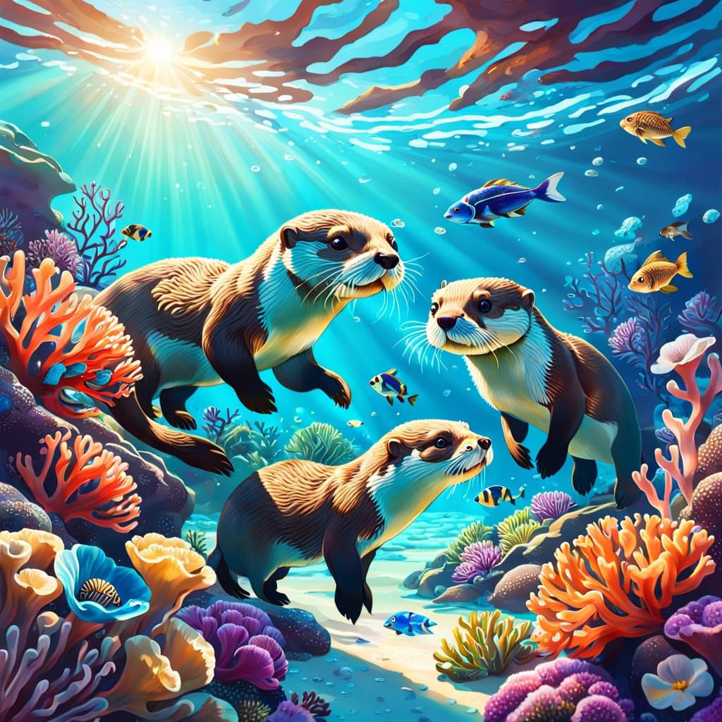 Otter Family Explores Vibrant Coral Reef
