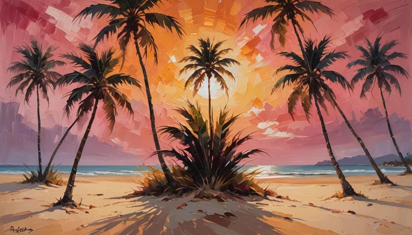 A beautiful sunset by the beach with palm trees 

Tall palm ...