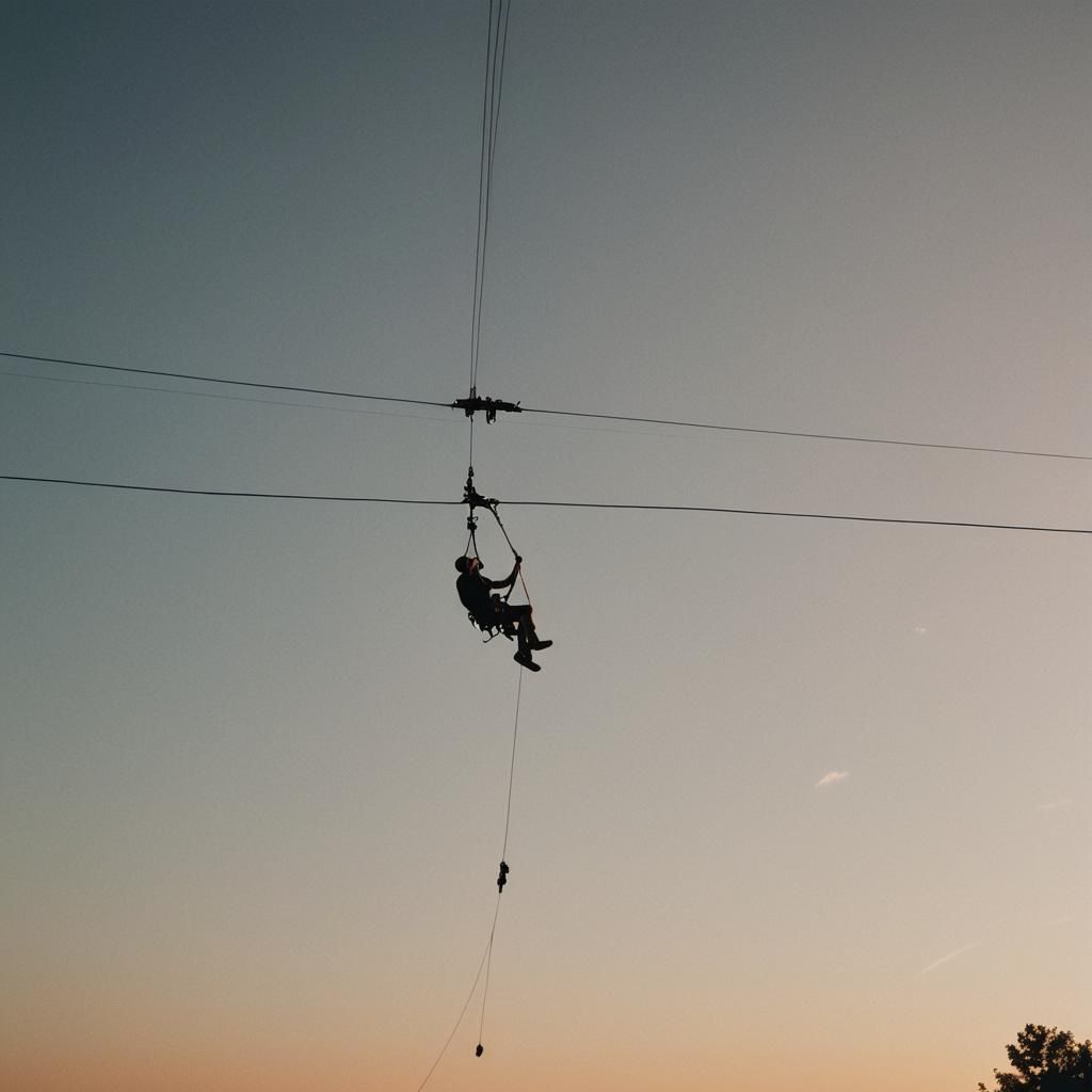 Boy on Zip Wire at Sunset: Cinematic Film Still