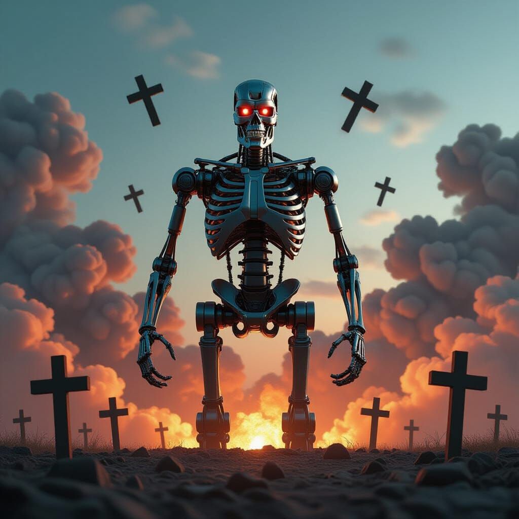 Apocalyptic Terminator Skeleton in Nuclear Wasteland