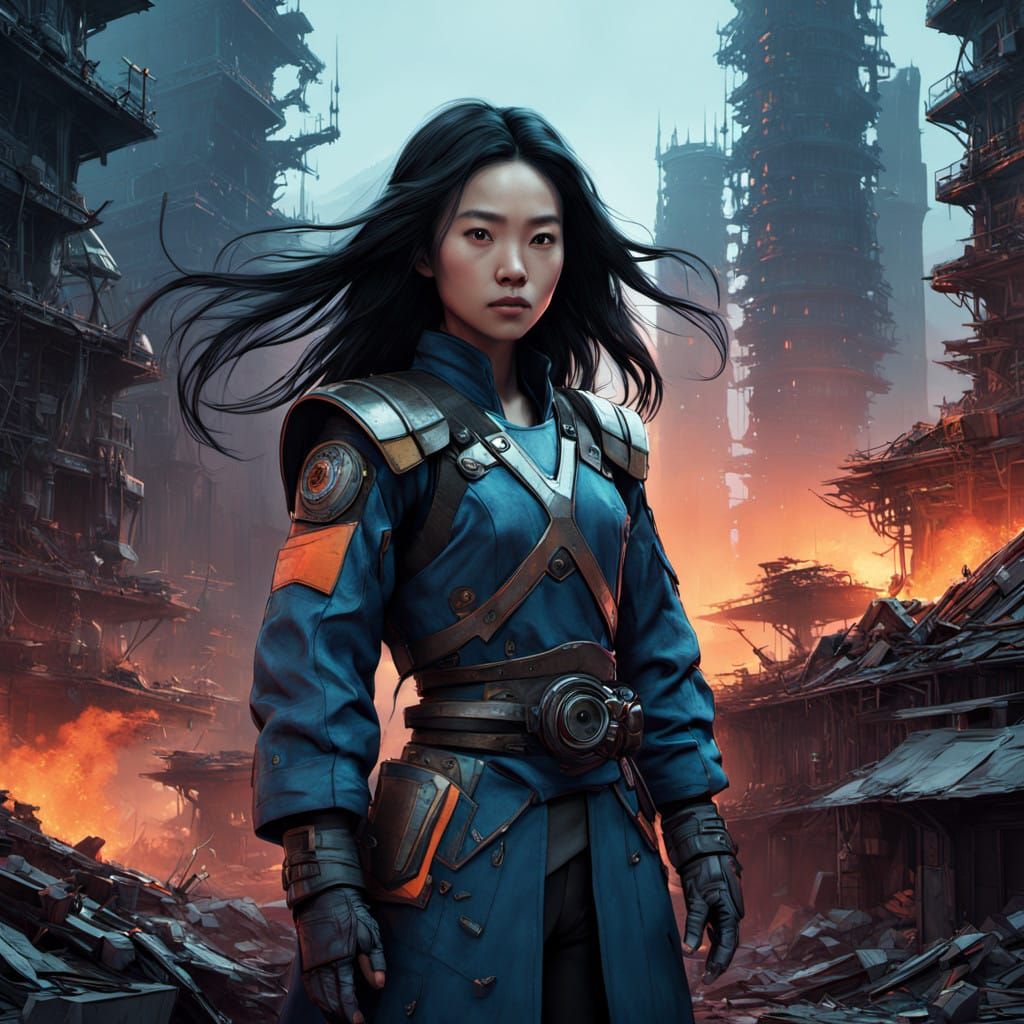 Steampunk Mulan Constructs Gadget in Cyberpunk Ruins