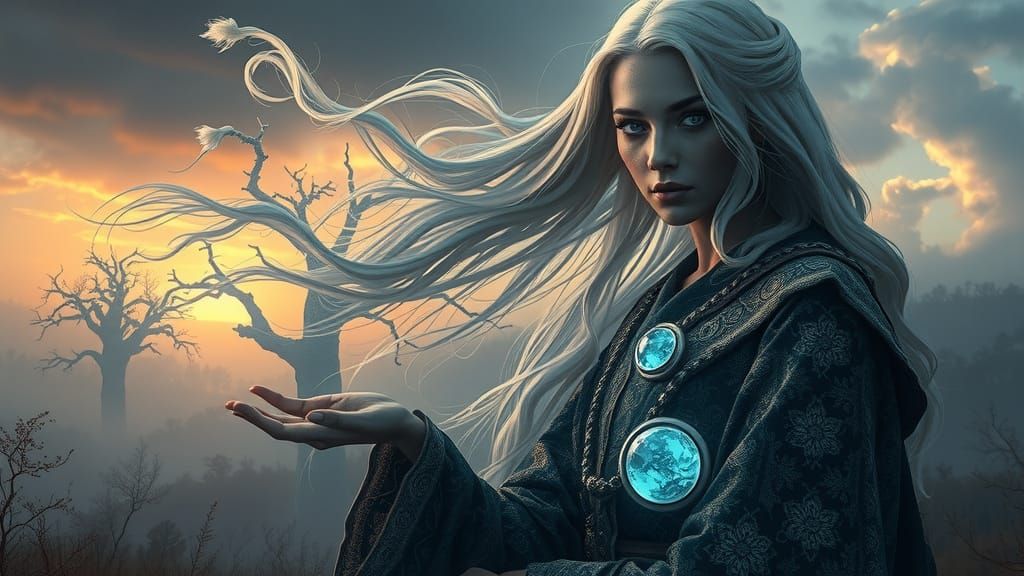 Ethereal Woman in Ancient Robes with Gnarled Staff, Set in a...