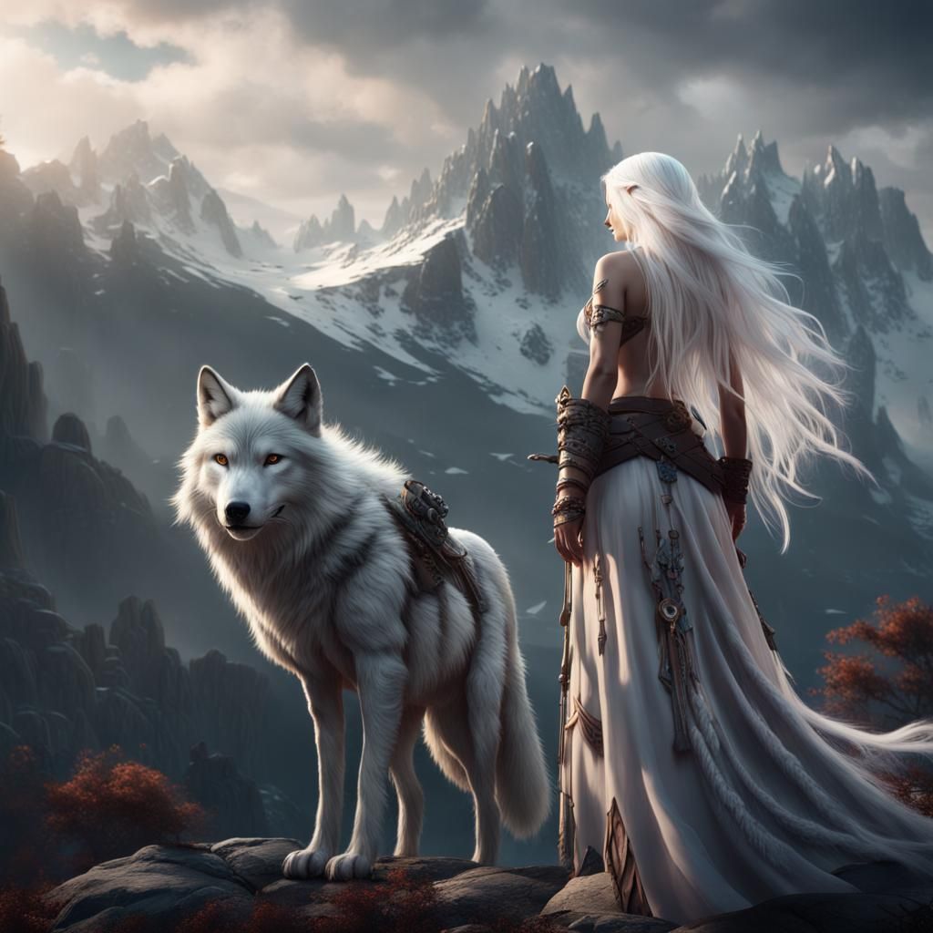 Wolf and White-Haired Woman in Mountains