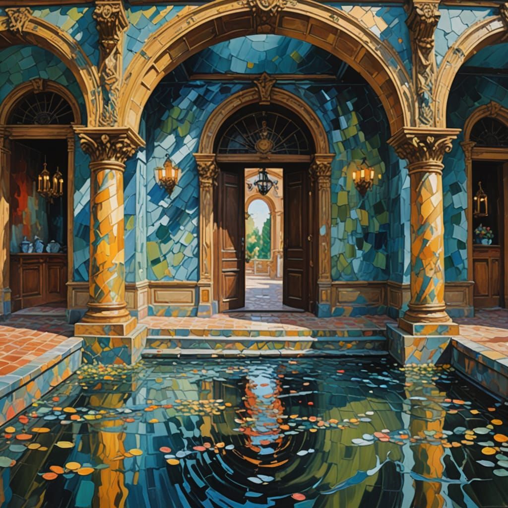 Gouache Painting of an Empty Vestibule with Water Basins