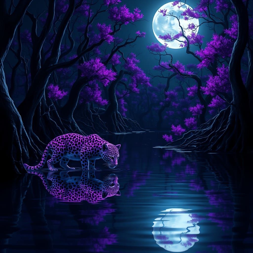 Ethereal Leopard in Moonlit Mangrove Swamp