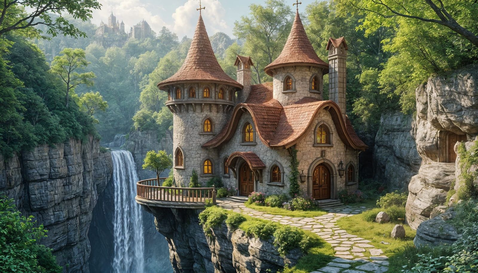 Whimsical Elven Cottage by a Cliff in a Wooded Gorge