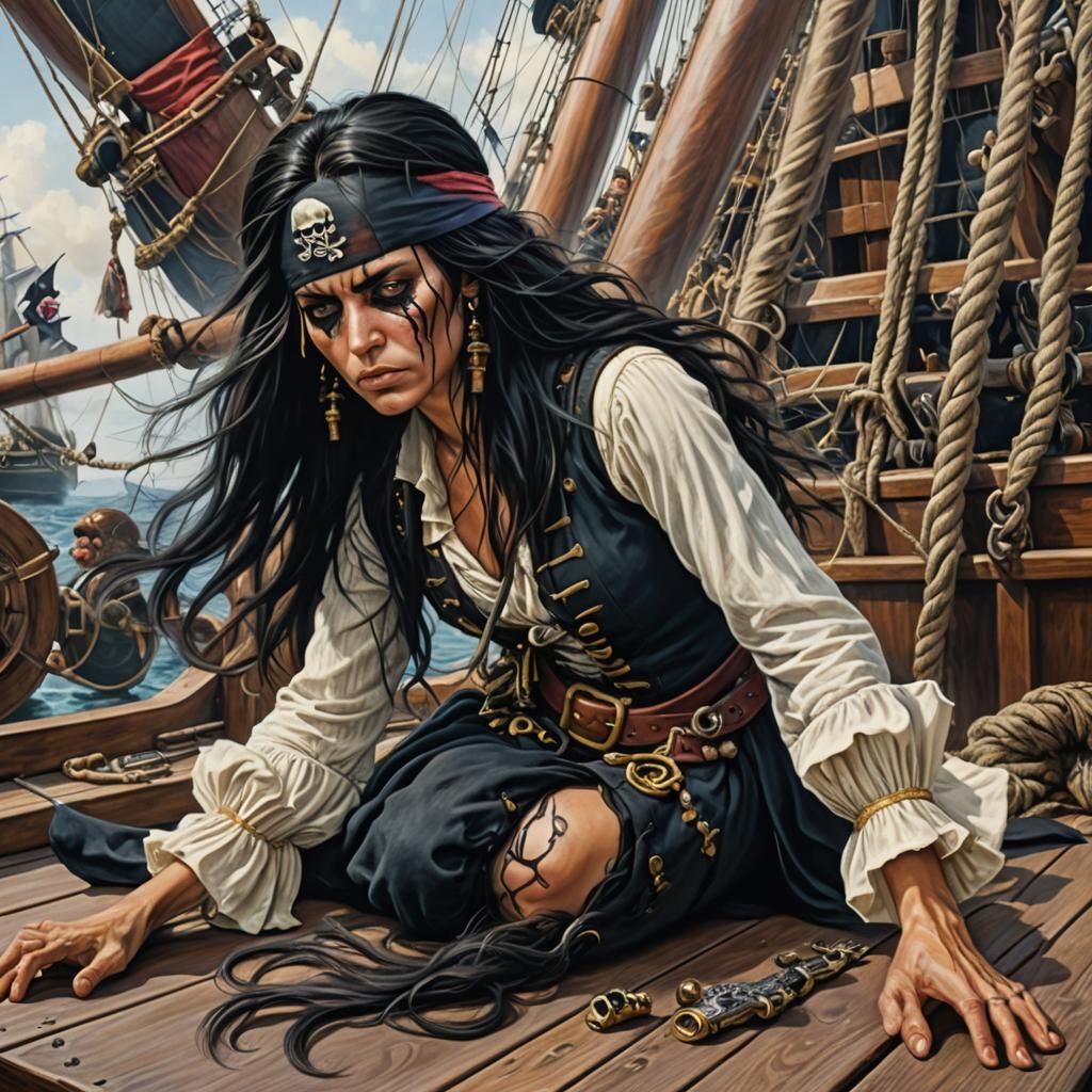 Pirate Woman's Last Stand: Photorealistic Oil Painting
