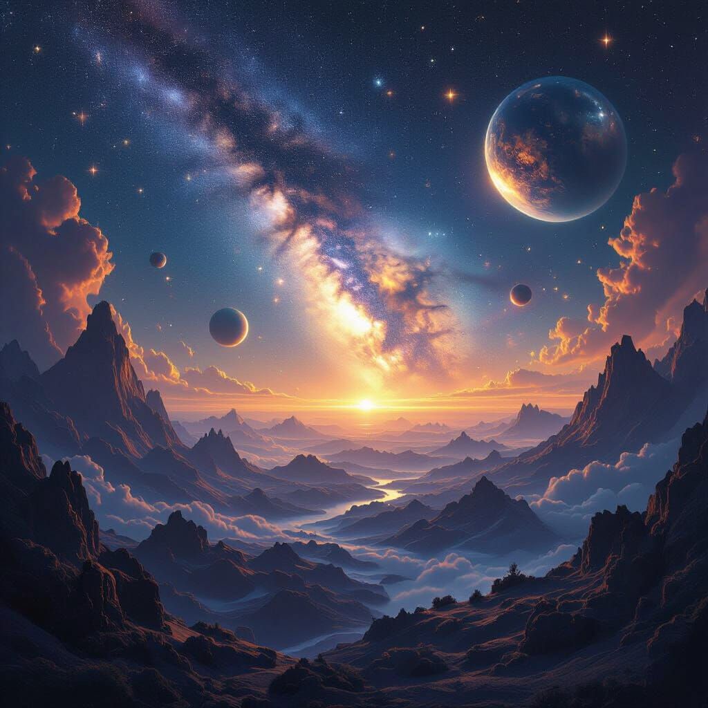Surreal Cosmic Landscape with Planets and Milky Way