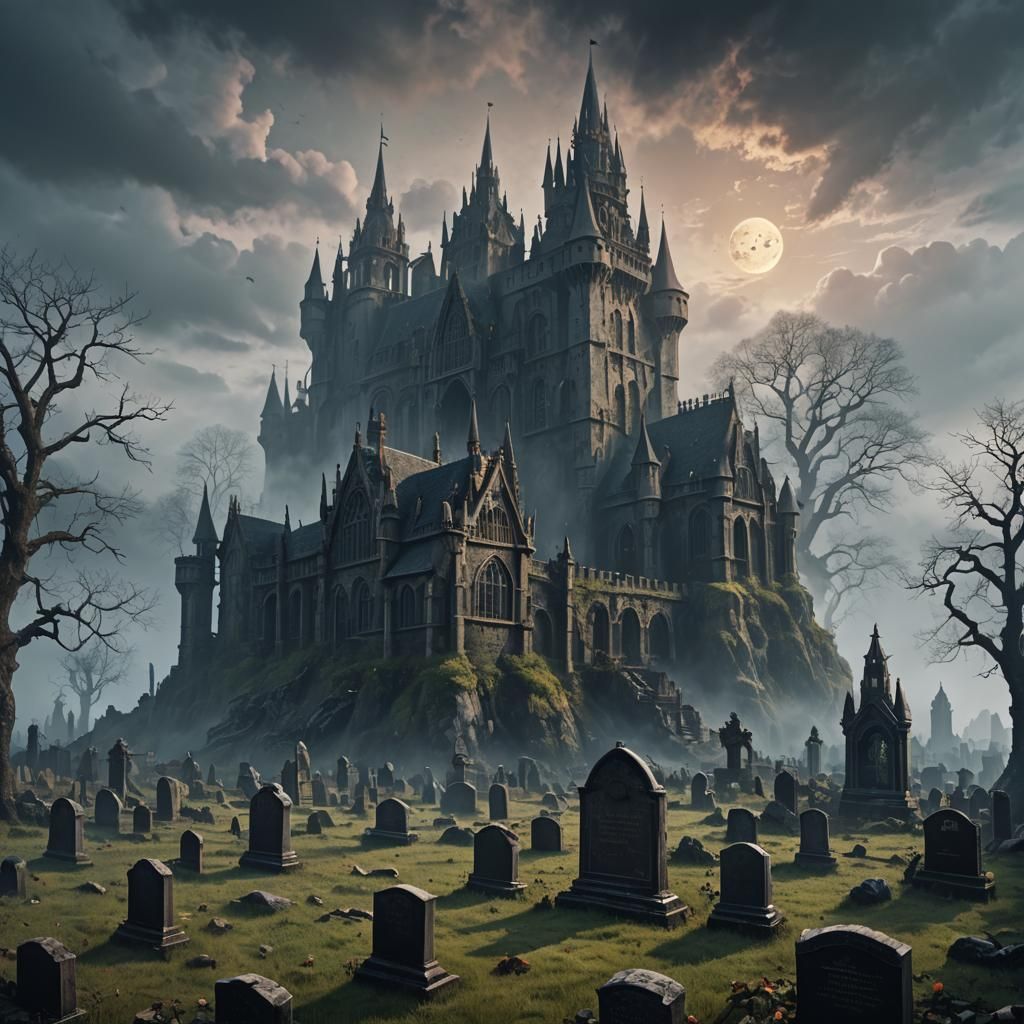 A decrepit, gothic castle looming ominously over a fog-shrouded graveyard, crumbling tombstones.