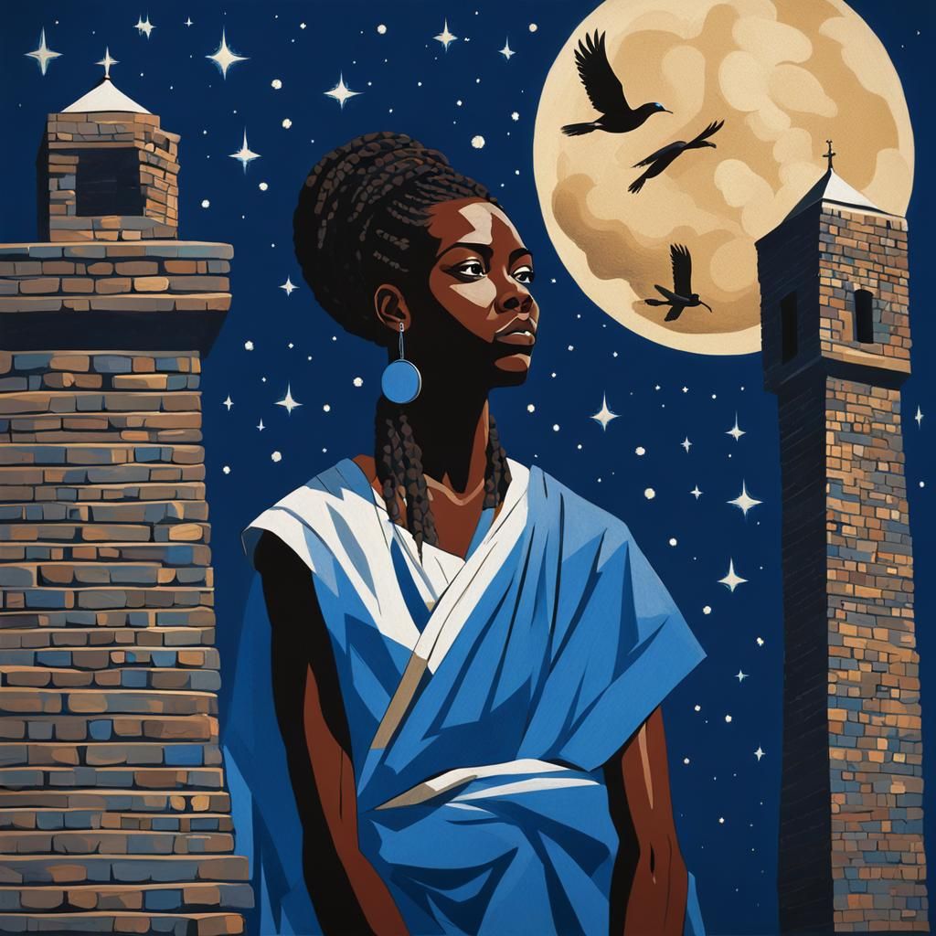 African Astronomer Gazing at Stars in Cubist Style