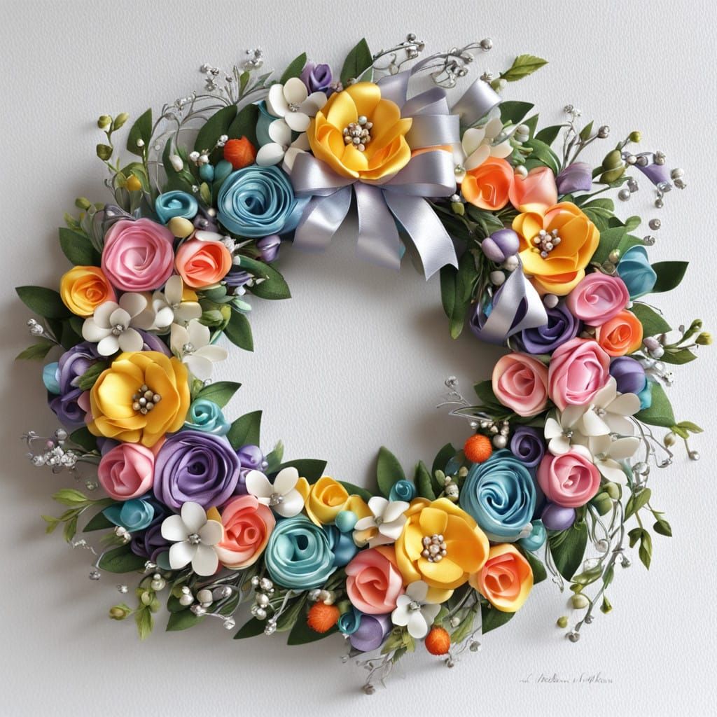 A beautiful spring wedding wreath, satin ribbon, flowers,   small silver bells tiny horseshoes, intricately detailed  3D...