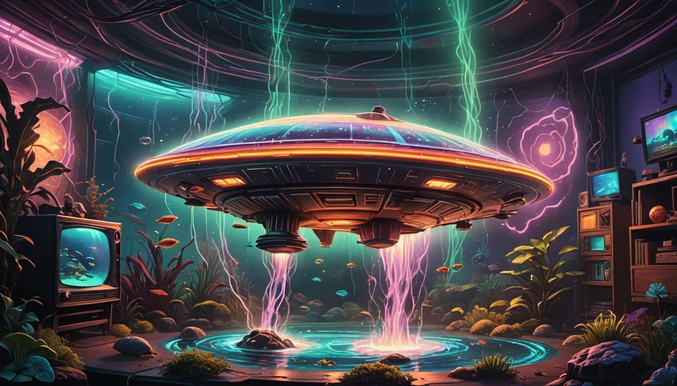 Electric UFO Swims in Retro Aquarium: Digital Art
