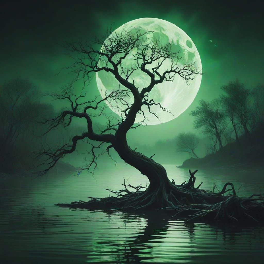 Eerie Lake: Sinister Presence Under Green Moon in Oil