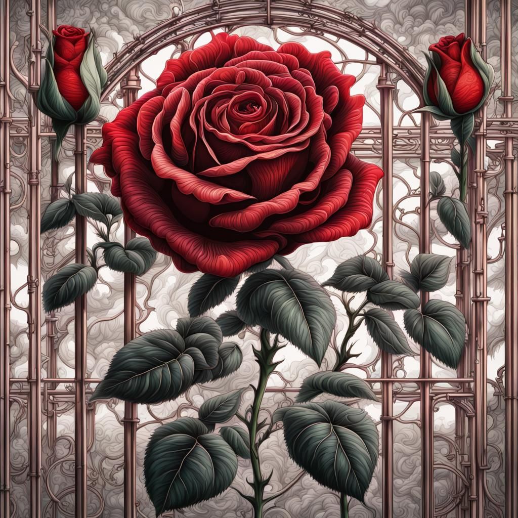 Red Rose Ink Drawing with Maximalist Details