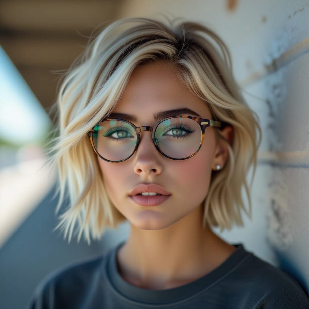 Teenage Girl with Blonde Asymmetrical Hair and Nerd Look