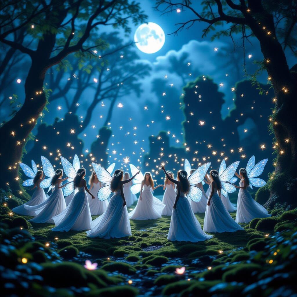 Whimsical Fairies Dancing in Moonlit Forest Clearing