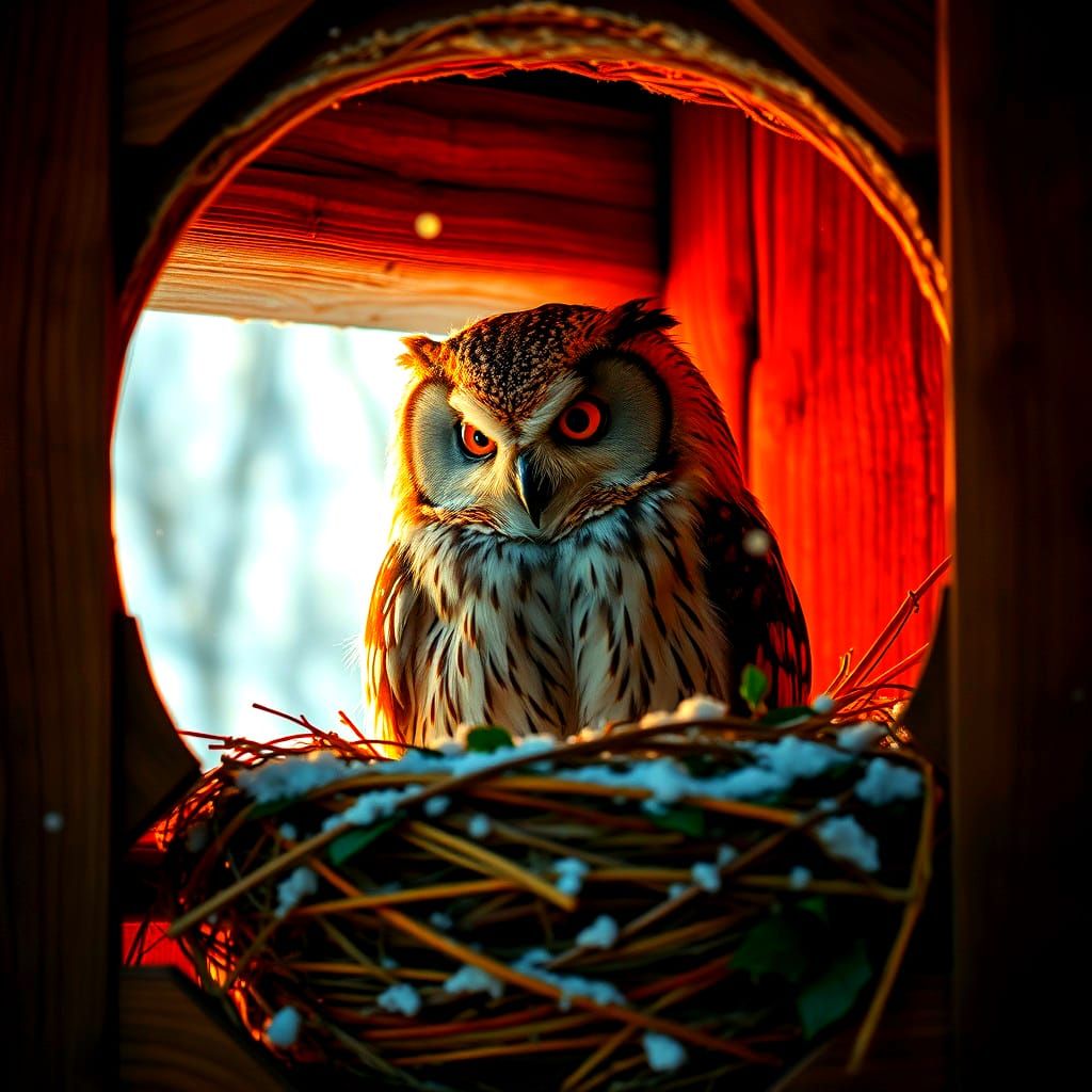 Hyper-Realistic Owl Watching Snowfall in Barn